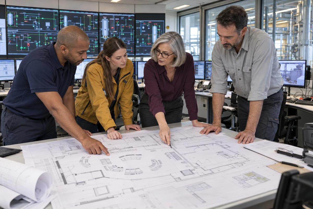 Conception ergonomique d’une salle de contrôle avec des opérateurs autour des plans